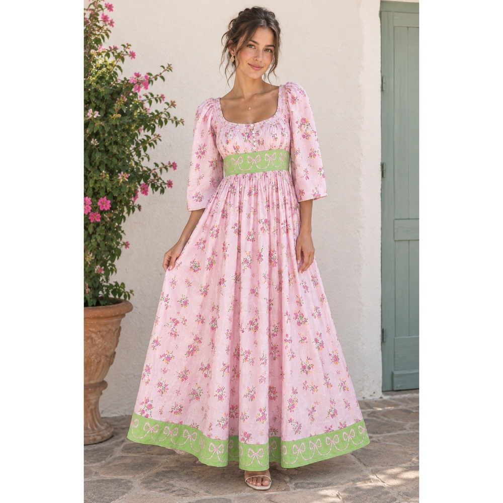 Mary Marshmallow Dress Size M Pink Floral Puff Sleeve Fairy Prairie Cottage
